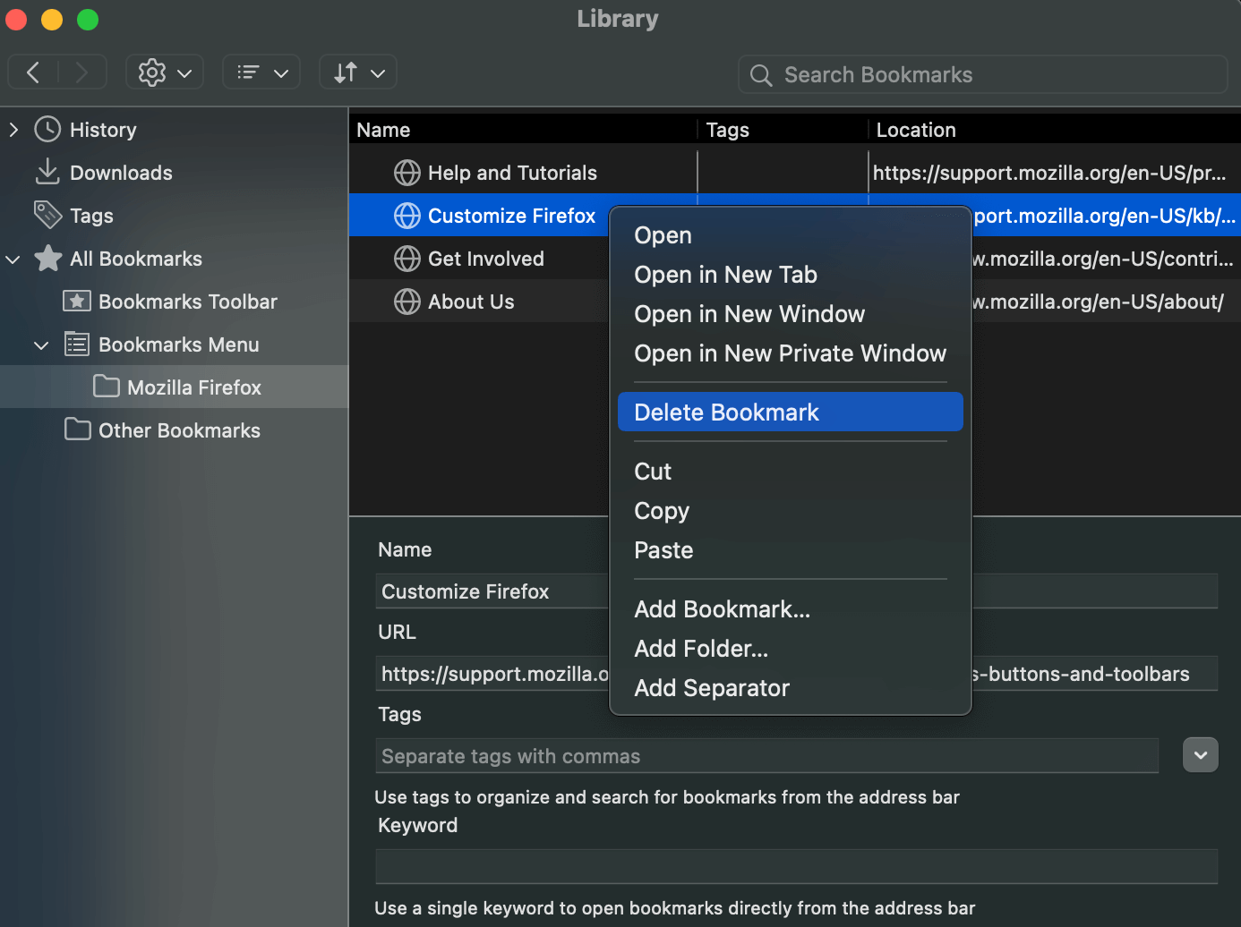 delete bookmarks in firefox on mac